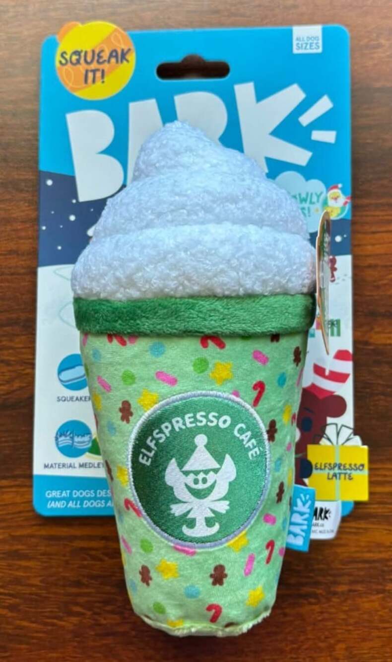 Bark Howly Jowly Holidays Elfspresso Latte Squeaker Plush Toy All Dog Sizes